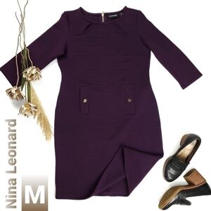 Nina Leonard Purple Ribbed Sheath Dress Med
